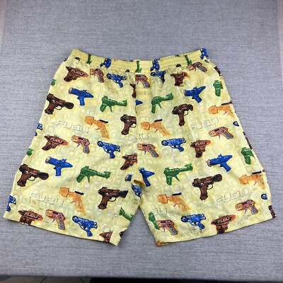 Y2K Fubu 100% Silk Shorts Men s 2XL Yellow Gun Blaster Print Hip Hop Baggy AOP
