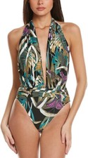 Vince Camuto Womens Halter Printed One-Piece Swimsuit-Black-Size:12
