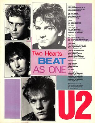 U2 'Two Hearts Beat as One' Vintage Original 1983 11'' x 8'' LYRICS Print Ephemera