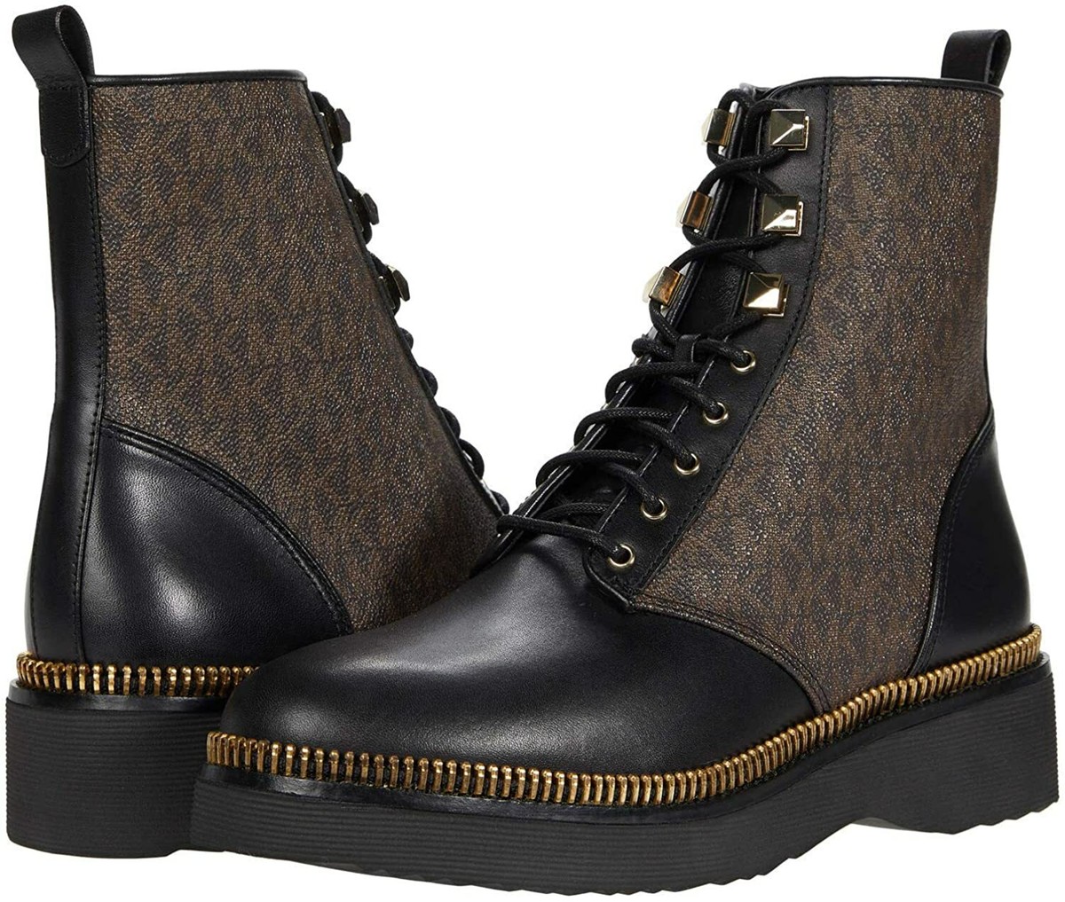 MICHAEL KORS HASKELL MK PVC BROWN GOLD ZIP COMBAT BIKER BOOTS I LOVE SHOES