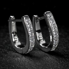 Unisex White Gold Plated Sterling Silver Cushion Cut Huggie Hoop Earrings