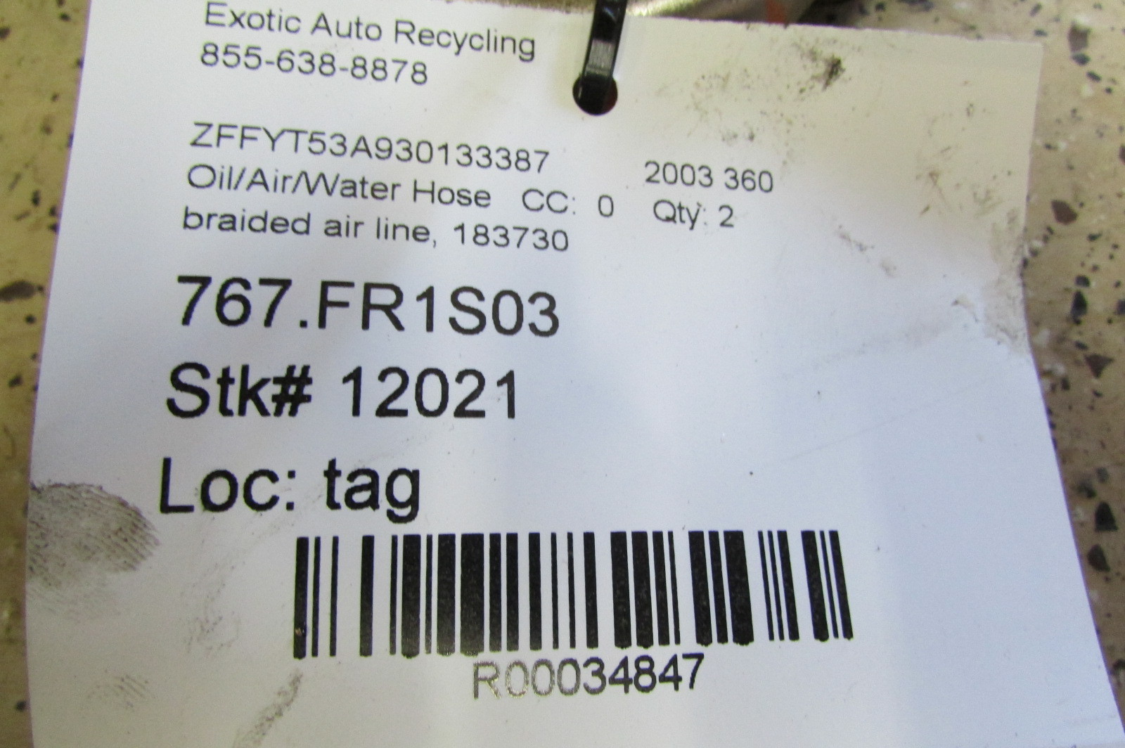 Ferrari 360 Spider, Braided Air Line, Connection Pipe, Used, P/N 183730