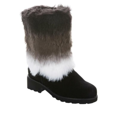 Bearpaw Regina Boots Black Gray Faux Fur Cow Suede Mid Calf