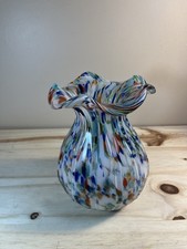 Murano-Style Hand Blown Art Glass Vase Multi Ruffle-Top Confetti Speckled 7.5  