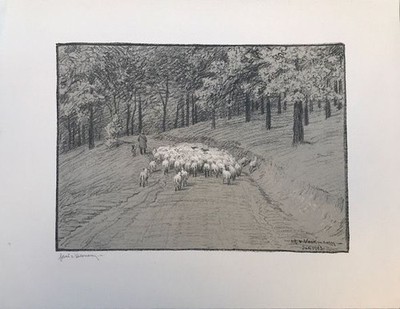 Schafherde, durch den Wald ziehend, Lithographie, vom Künstler eigenhändig auf d