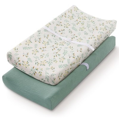 Blissful Diary Muslin Changing Pad Cover 2 Pack, Roman Green & Leaf 
