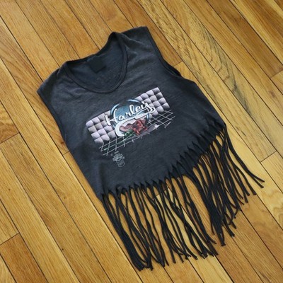 Vtg 1985 Harley Davidson 3D Emblem Fringe Tank Womens XS/S Black California 80s