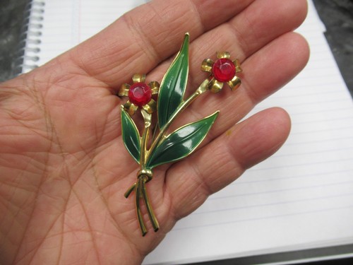 Vintage Sterling Craft Coro Red Rhinestone Enamel Flower Brooch Pin Nice BIN!