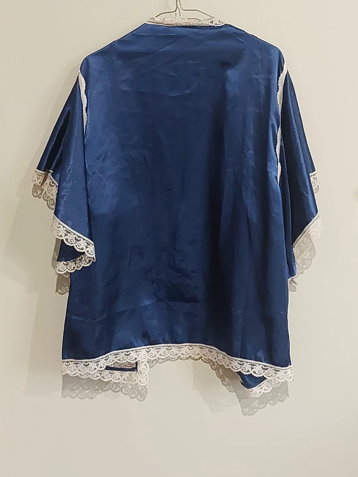 Chaqueta Delicada Abierta Satén Ribete Encaje Vintage L Kimono Azul Tostado Manga Mariposa Foto 4 de 4