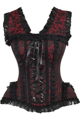 Daisy Corsets Top Drawer Red Black Swirl Brocade Lace Steel Boned Bustier Sleeve