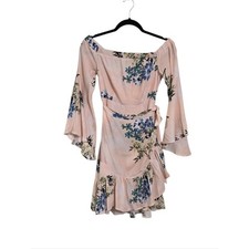 ASTR The Label Mini Wrap Dress S Pink Floral Bell Sleeve Boho Country Western