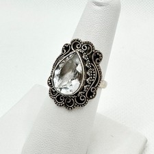 Vintage 925 Sterling Silver Teardrop Clear Stone Ring Ornate Filigree Size 7
