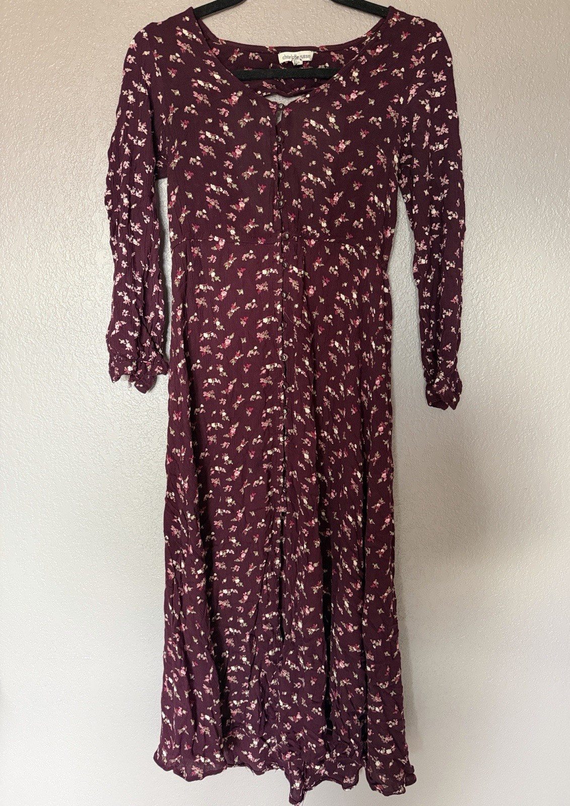 Charlotte Russe Burgundy Floral Midi Dress Long Sleeve Button Size S