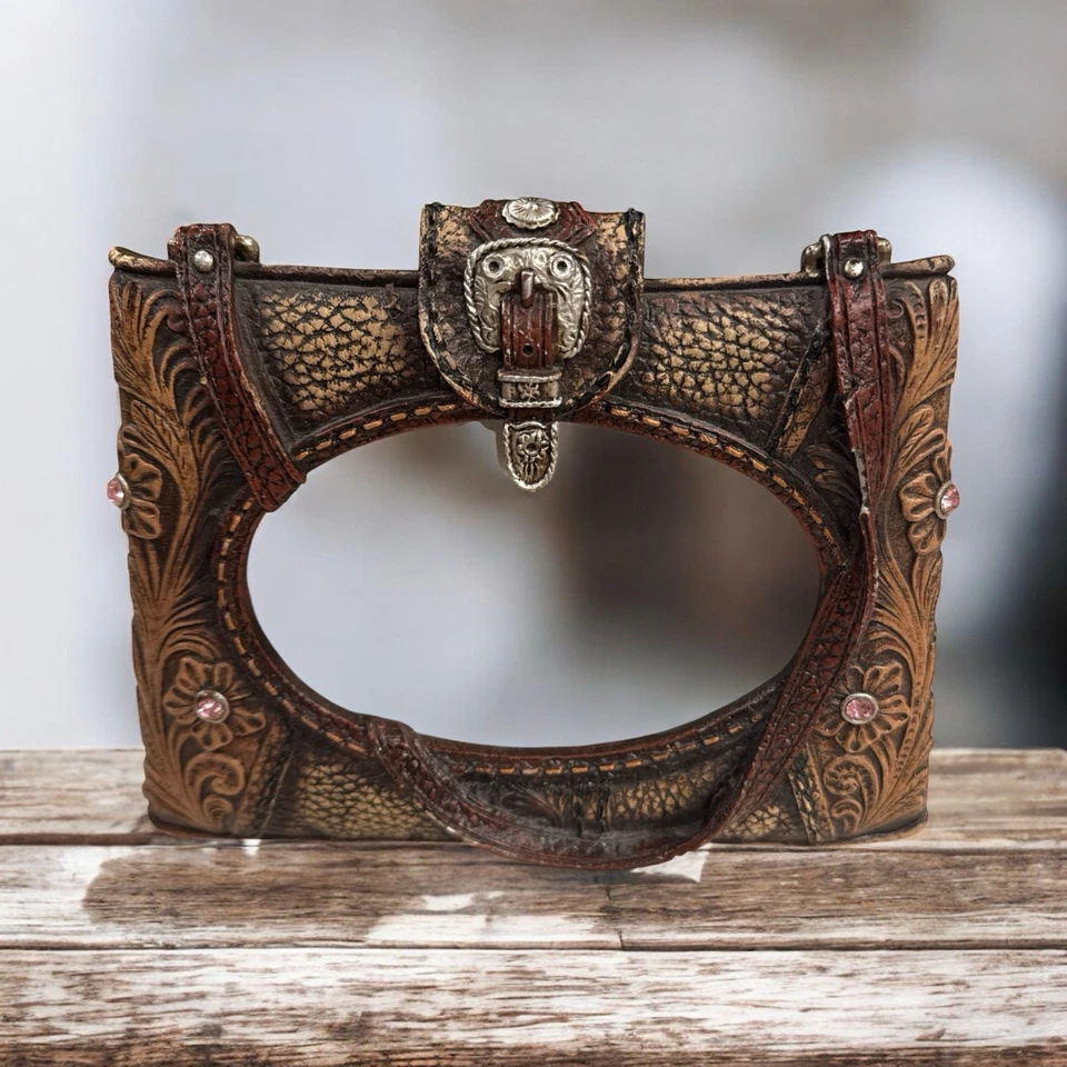 Cartera Vaquera Occidental Marco de Fotos 8x7 Rosa Gemas Imitación Cuero Decoración Rústica Foto 3 de 4