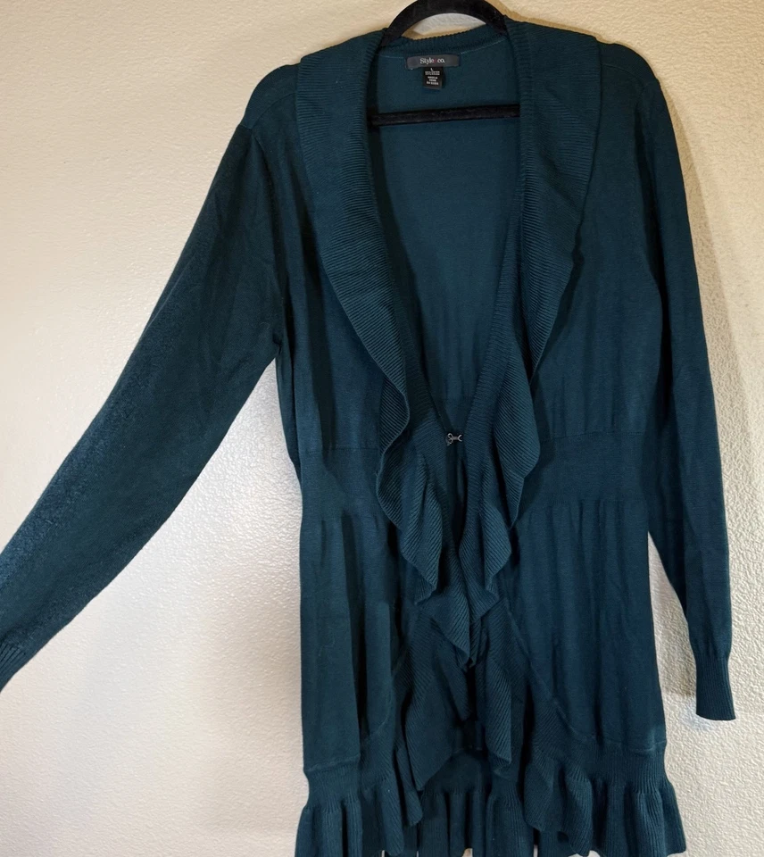 Cárdigan Suéter Style & Co Talla Grande Longline Volantes Verde azulado oscuro/verde Foto 2 de 4
