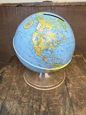 Vintage Ohio Art Tin Metal Lithographed Earth Globe World Coin Piggy Bank 5 Inch