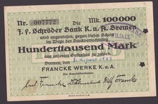 Brema - Ławka Schröder, Francke Werke K.a.A.; 100 000 marek z 9 sierpnia 1923