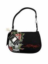 Ed Hardy Black Tattoo Print Shoulder Bag Chain Strap Skull Charms NWT