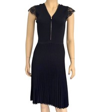 Morgan De Toi Ribbed Knit Lace Sleeve Zip Front Pleated Skirt Black Dress Med