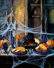 Halloween Dinner Table | Rustic Feast Scene | Vintage Oil Painting Museum Art