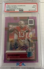 2022 Panini Clearly Donruss Rated Rookie Brock Purdy Purple Auto 98/175 PSA 9