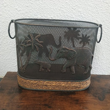 Metal Mesh Wicker Magazine Basket With Handle Elephant Safari Design