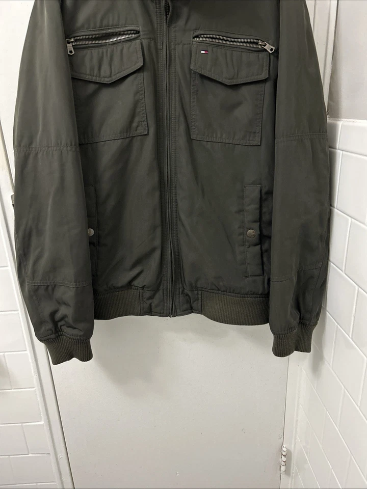 Tommy Hilfiger Jacket Mens XL Green Full Zip Hooded Bomber Pockets Puffer Lined - Image 3 of 4