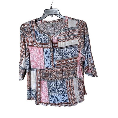 Daniel Rainn Handkerchief Print Pleated Quarter Button Front Blouse Top Size 2X