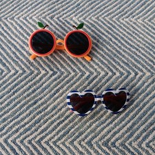Two 2 Pairs Of Kids Sunglasses Red White Blue Hearts Oranges Summer Fun