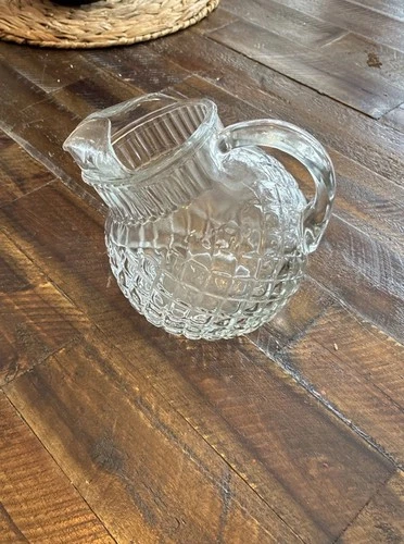 Vintage Pressed Glass Creamer Pitcher Diamond Pattern Clear Syrup Milk Small 5”