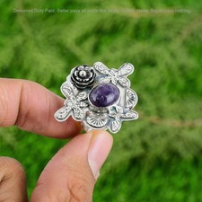 Valentines Deal February Natural African Amethyst Promise Flower Ring 925 Silver