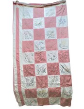 Vintage Handmade Floral Embroidered Quilt Pink White Retro Classic Feminine