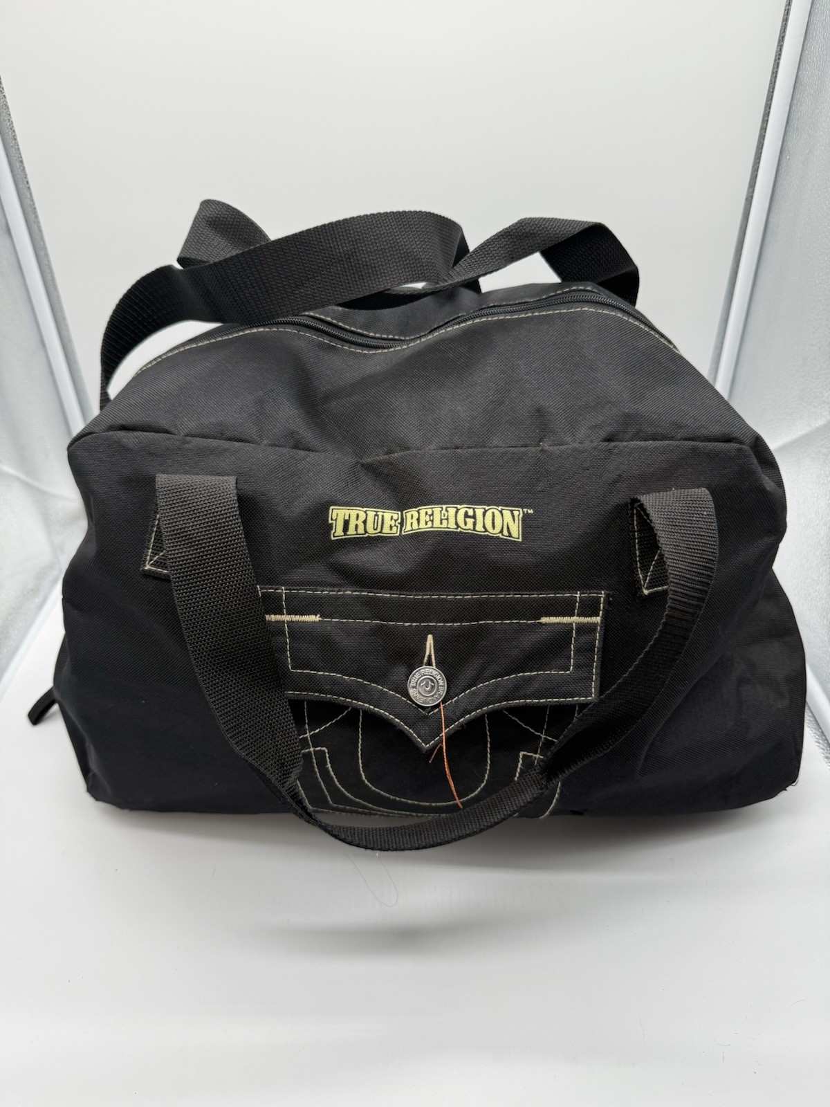 True Religion Black Duffle Bag with Zip Closure, Adjustable Strap