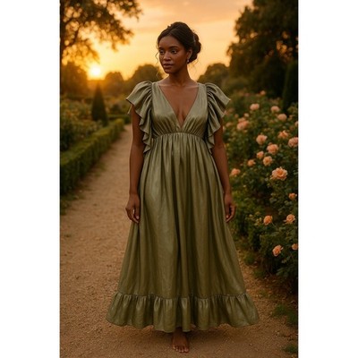 Arula X Xquisite Olive Ruffle Maxi XL Metallic Cottagecore Romantic party dress