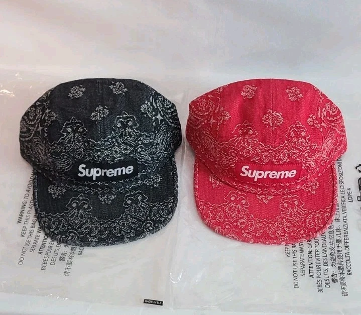 LOT chapeau bandana suprême jacquard denim rouge et noir boîte cachemire logo casquette de camp