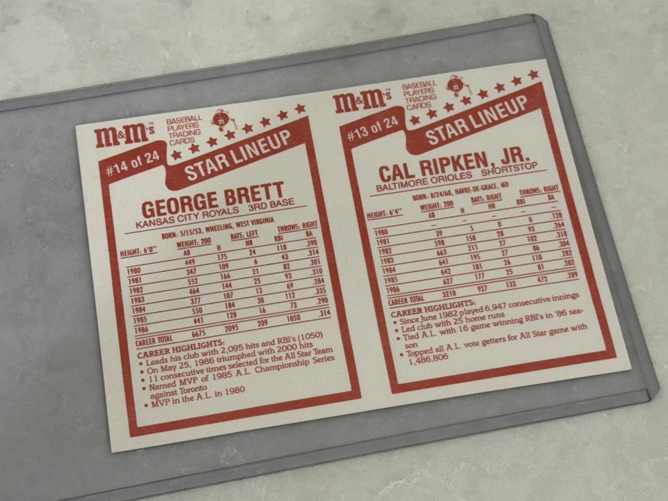 1987 M&M's Star Lineup UNCUT Panel #13-14 Cal Ripken Jr George Brett w TOPLOADER - Image 2 of 2