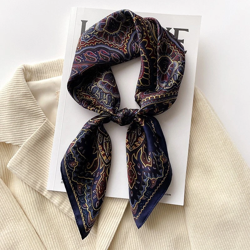 100% Mulberry Silk 27" Square Scarf Women Neckerchief Wrap Vintage Blue Paisley - Image 2 of 4