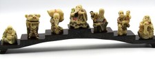 JAPANESE HAND CARVED PAINTED RESIN SIGNED NETSUKE MINIATURE FIGURES - SET OF 7