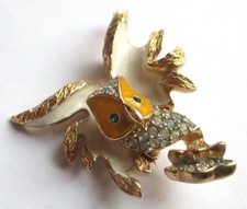 broche couleur or chouette hibou émail beige jaune cristaux bijou vintage 1912