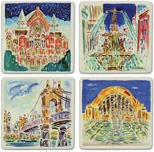 Cincinnati Treasures Coaster Set w/Stand Fountain Square Music Hall Roebling