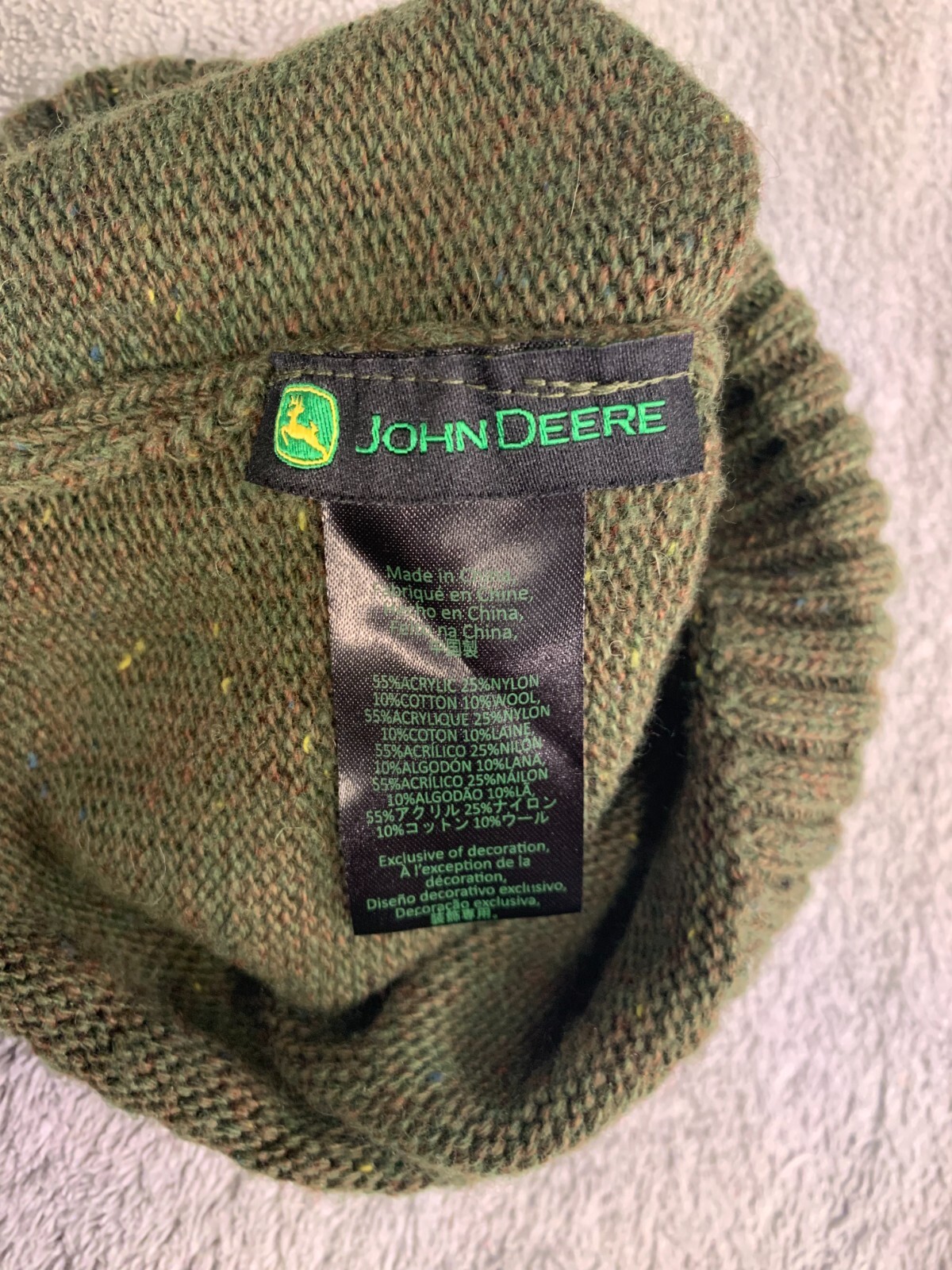 John Deere Green Beanie Winter Knit Hat Brown Leather Patch Unisex