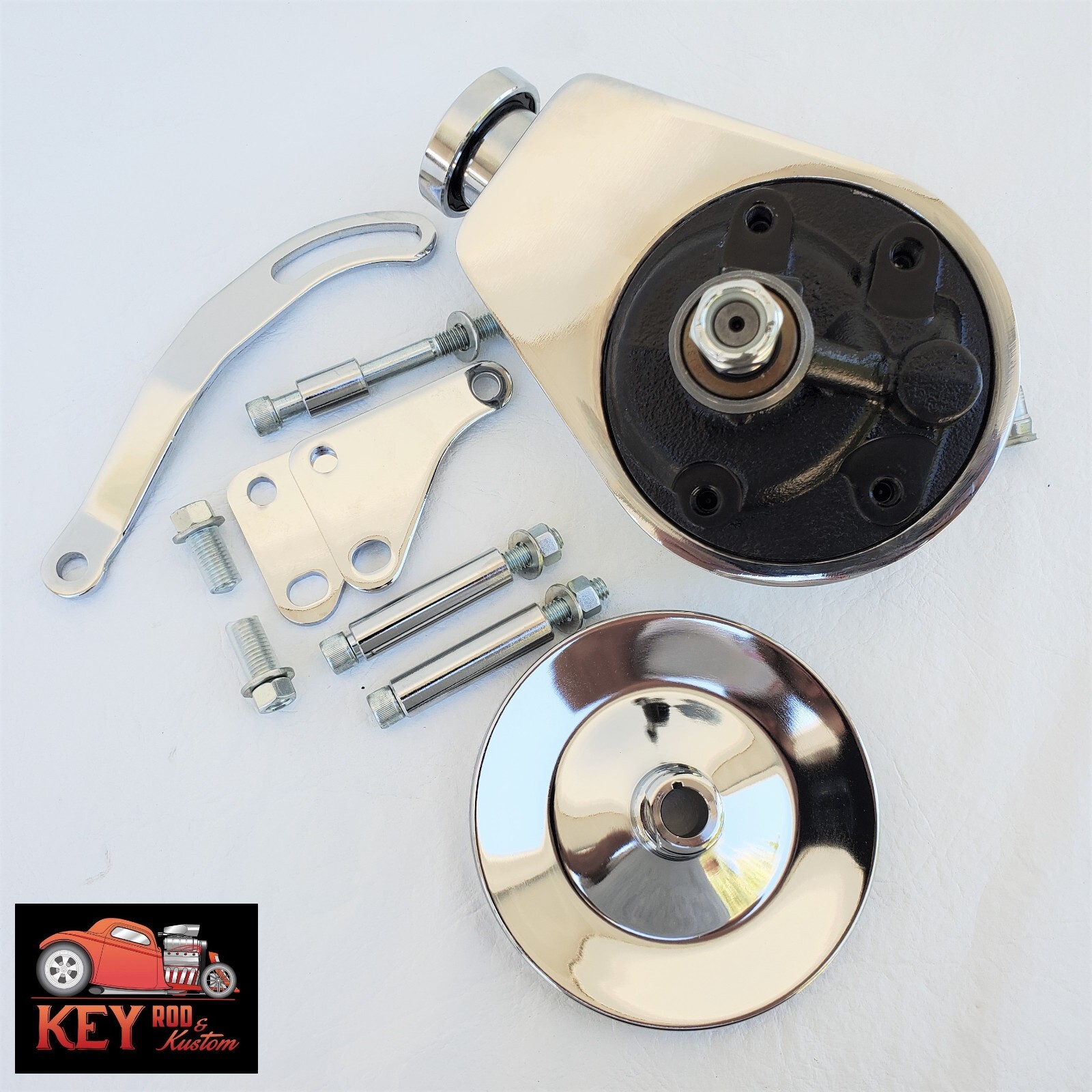 Small Chevy Chrome Saginaw Power Steering Pump Bracket & Pulley Kit 350