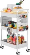Art Cart with Tabletop & Pegboard - 3-Tier Rolling Utility Cart with Wheels, 2 B