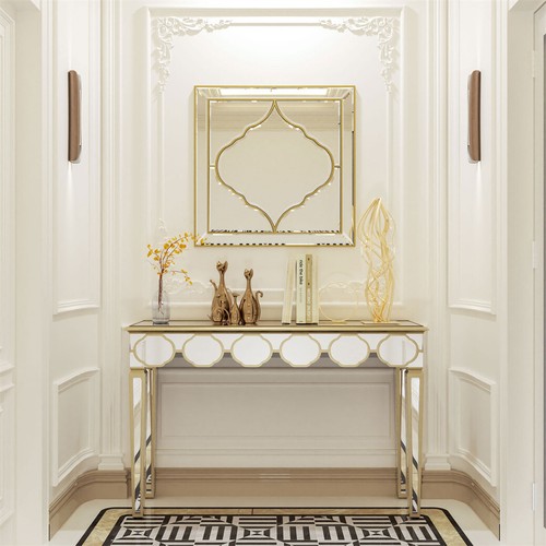 120cm Long Mirrored Console Table Entryway Storage Table Gold Lantern Rim Decor - Picture 8 of 12