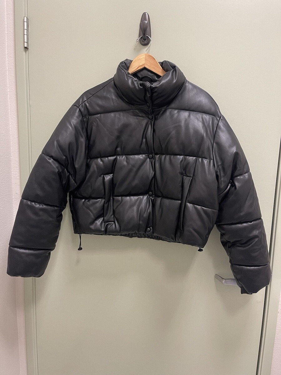 ジャケット・アウター ZARA FAUX LEATHER CROPPED PUFFER JACKET New Zara Faux Leather Cropped Puffer Jacket XS Black-Brown