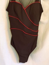 Robby Len Black One Piece Bathing Suit w/Sheer fabric above bra, Red Accents