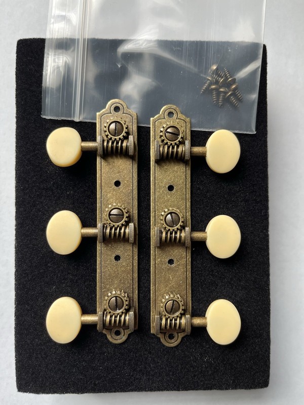 Golden Age acoustic guitar 3x3 Tuning Peg Tuners Antique Brass, Cream Buttons.