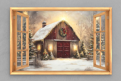 Christmas Barn Image, Window view, Canvas Print, Winter Wall Art Home Decor A2