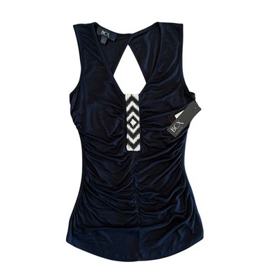 NWT BCX Black Beaded Ruched Sleeveless Top Size Small S Tank Back Cutout Design