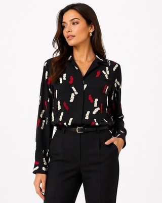 Katherine Kelly Silk Blouse Lipstick Print Black Red Ivory Size 8